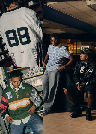 Kollage af tre billeder med mænd i forskellige Everlast streetwear-looks. Øverst til venstre ses ryggen af en mand i en hvid sportstrøje med stort "88" tryk. Til højre poserer to mænd i en bowlinghal, den ene i stribet polo og den anden i sort bomberjakke med “E Last” på brystet. Nederst til venstre bærer en mand en farverig rugbytrøje med lapper og logoer foran en væg fyldt med cd'er.